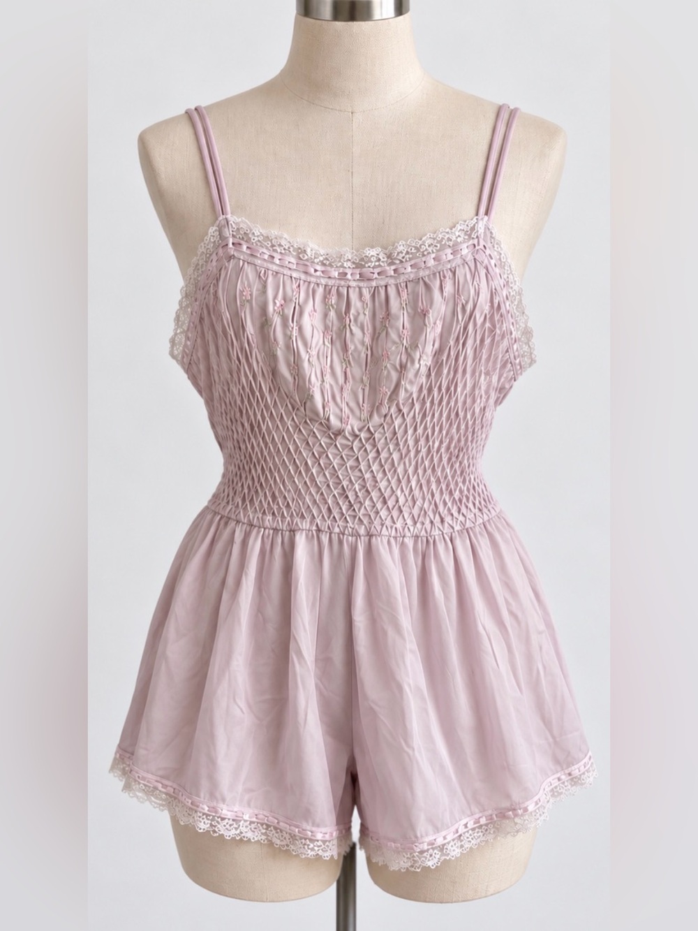 Vintage Barbizon Soft Lace Smocked Teddy Romper in dusty blush Sz S